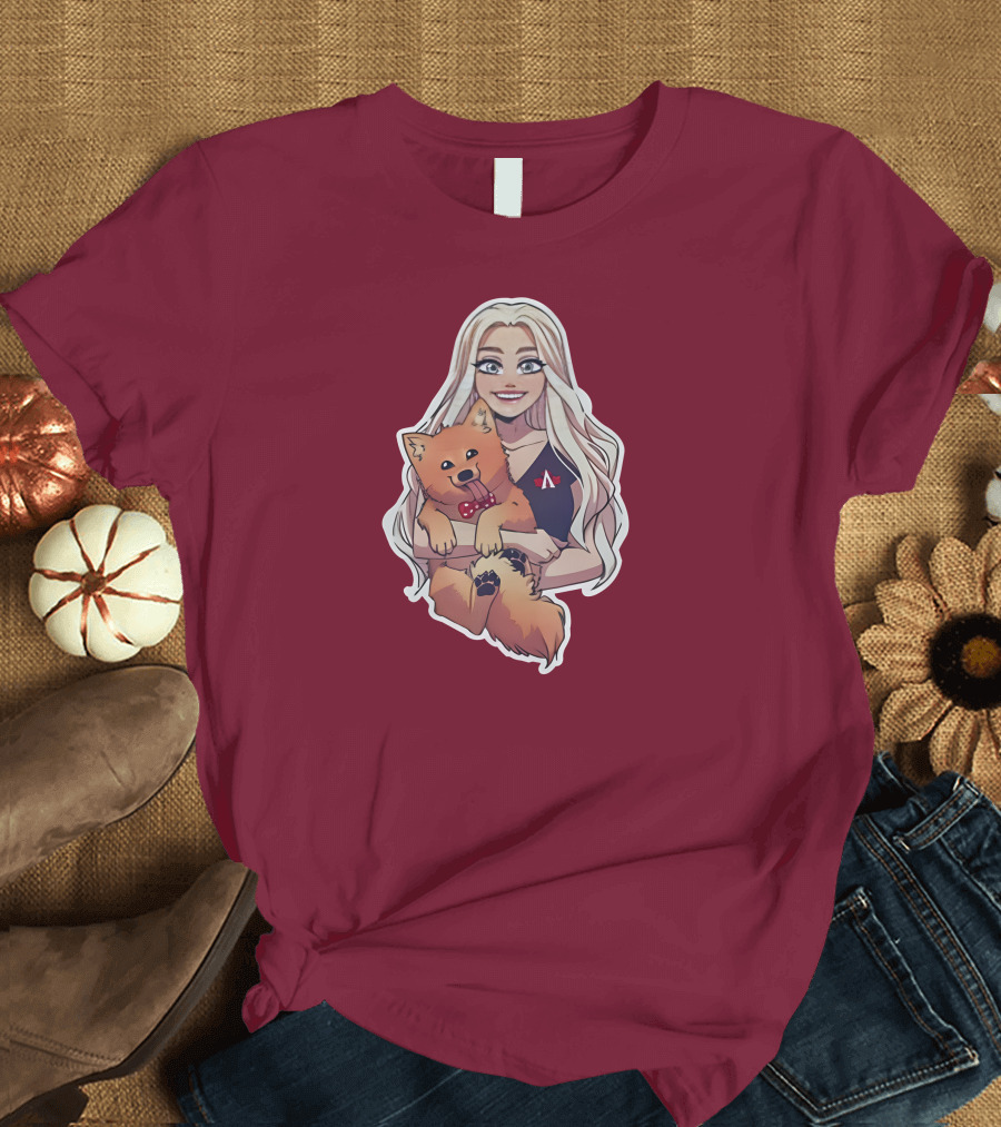 Autumnrhodess Cartoon Character Holding Dog With Red Bowtie On Burgundy Background T-Shirt