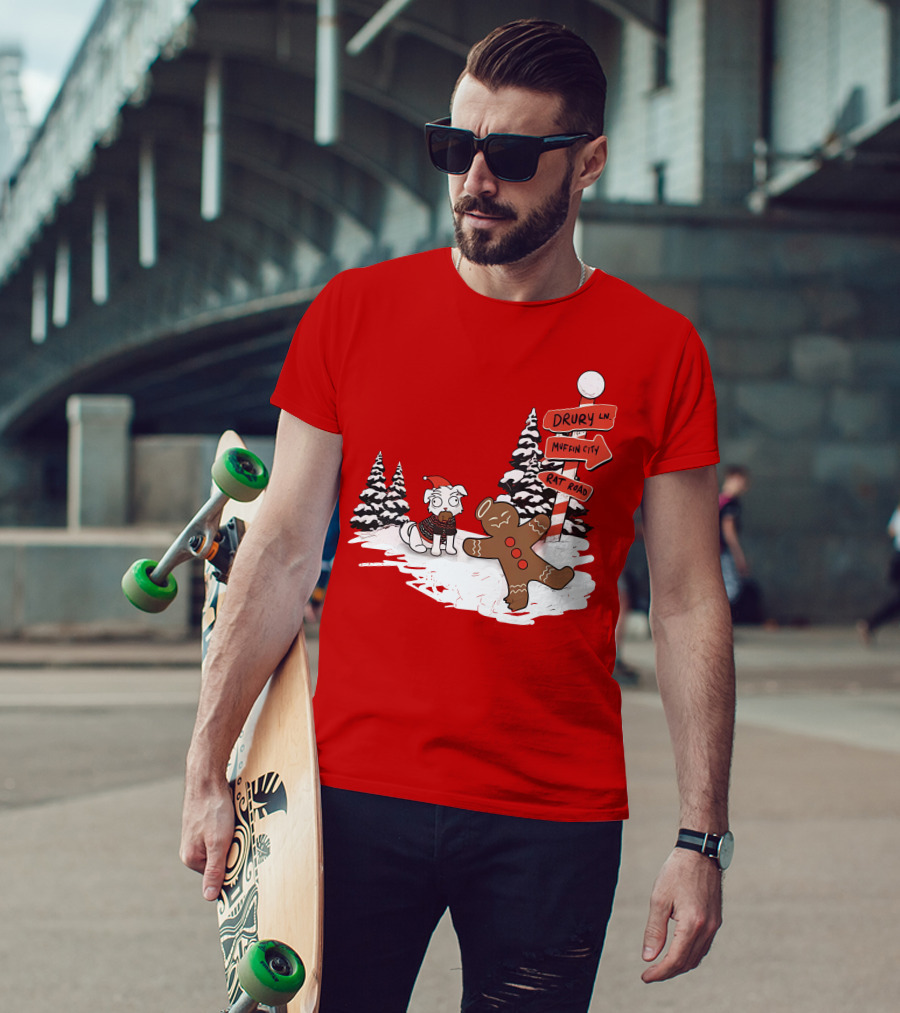 Badboyhalo Holiday Drury Lane Muffin City Rat Road Christmas Dog And Gingerbread Scene T-Shirt