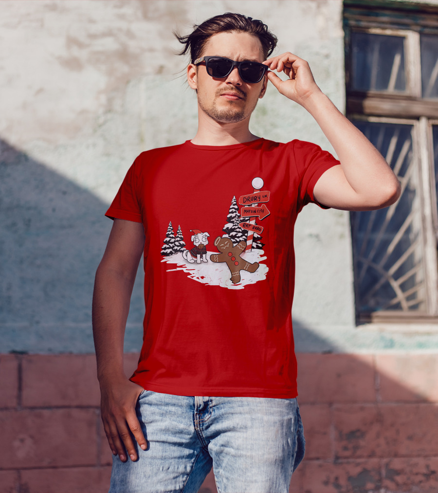 Badboyhalo Holiday Drury Lane Muffin City Rat Road Christmas Dog And Gingerbread Scene T-Shirt