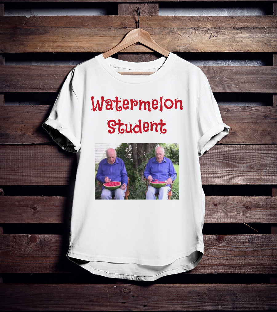 Watermelon Student Eating In Garden With Blue T-Shirt