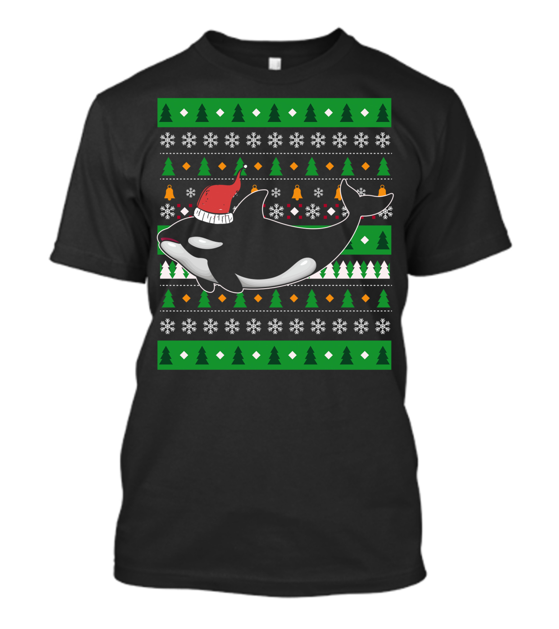 Orca Zookeeper Ugly Christmas Killer Whale Santa Hat Snowflakes Trees T-Shirt