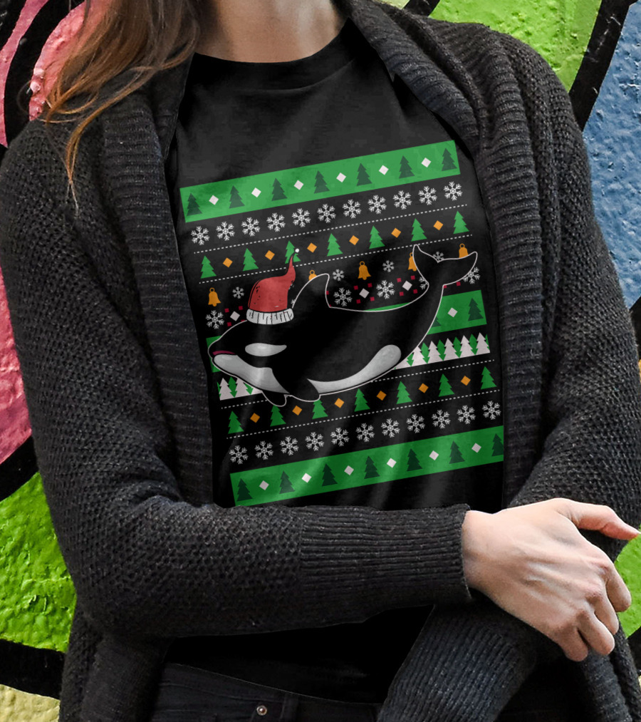 Orca Zookeeper Ugly Christmas Killer Whale Santa Hat Snowflakes Trees T-Shirt