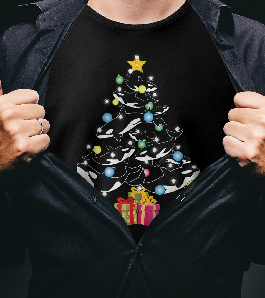 Christmas Orca Whales Tree With Gifts And Decorations T-Shirt