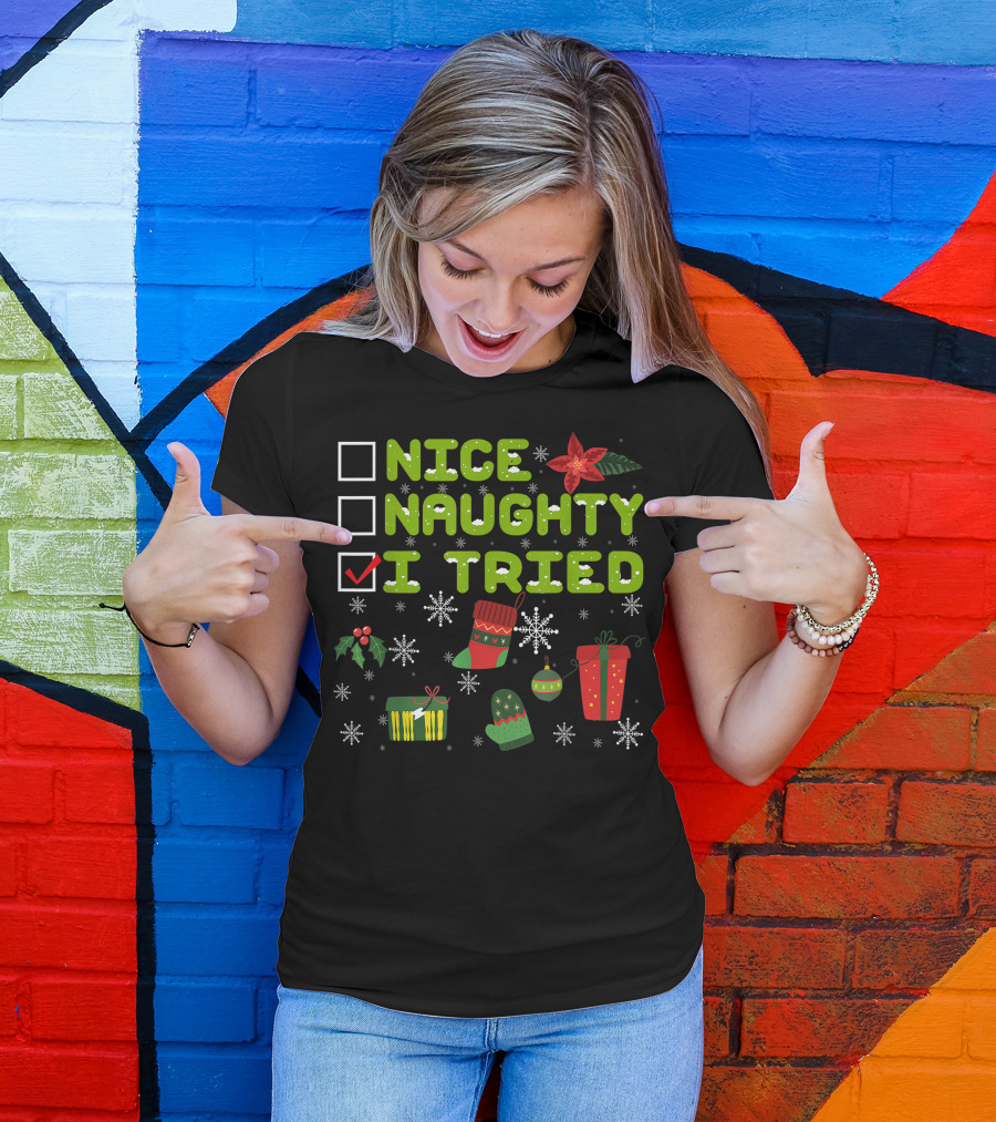Nice Naughty I Tried Checklist Christmas Pajama With Holiday Icons T-Shirt