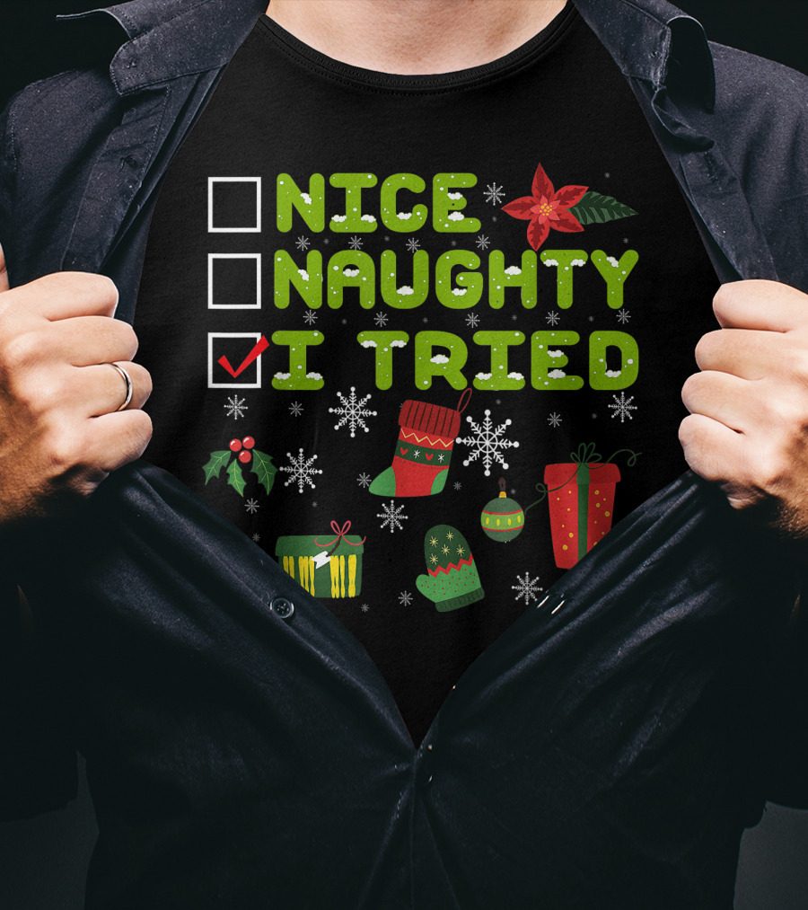 Nice Naughty I Tried Checklist Christmas Pajama With Holiday Icons T-Shirt