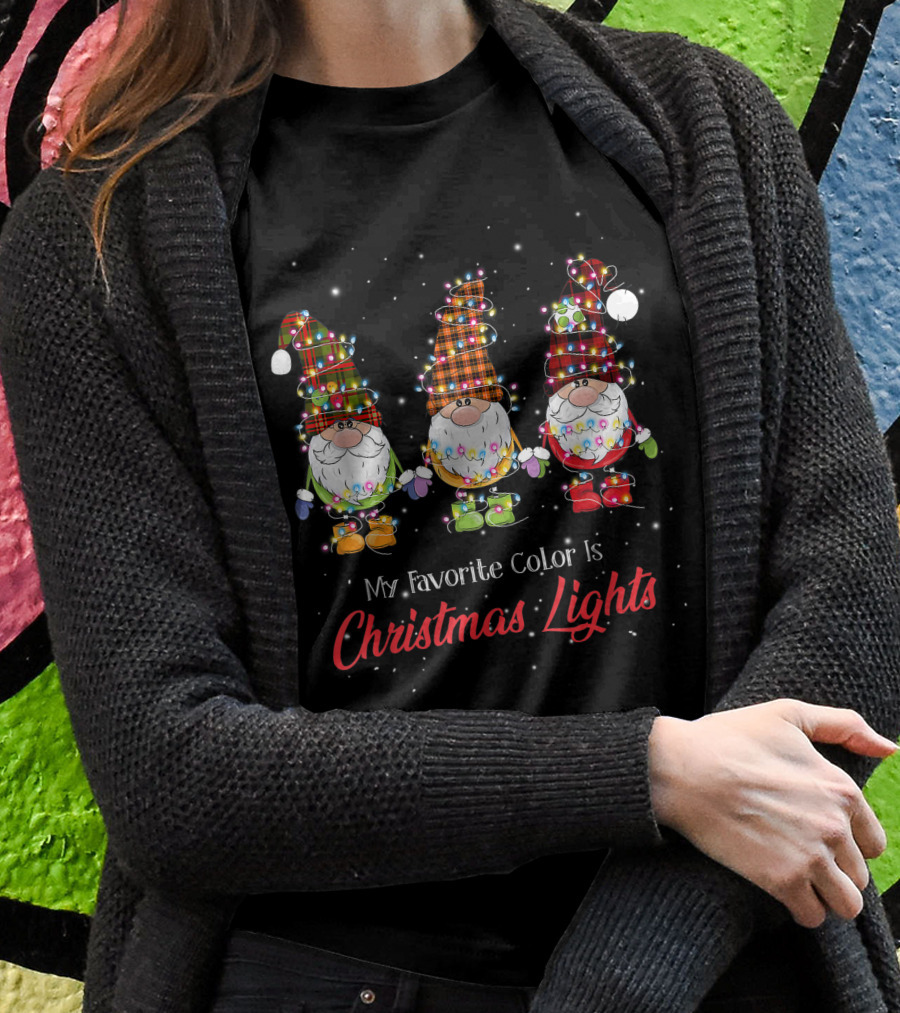 My Favorite Color Is Christmas Lights Gnomies Gnome Buffalo Plaid Trio T-Shirt