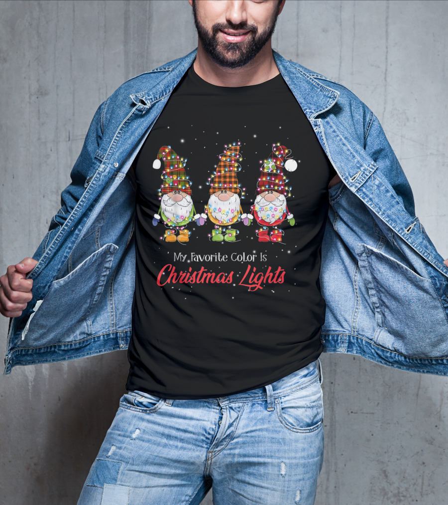 My Favorite Color Is Christmas Lights Gnomies Gnome Buffalo Plaid Trio T-Shirt