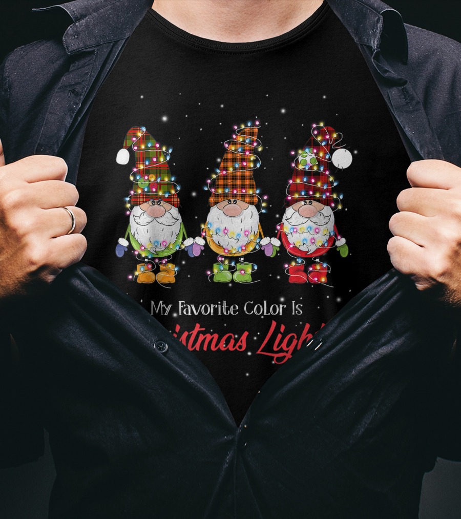 My Favorite Color Is Christmas Lights Gnomies Gnome Buffalo Plaid Trio T-Shirt