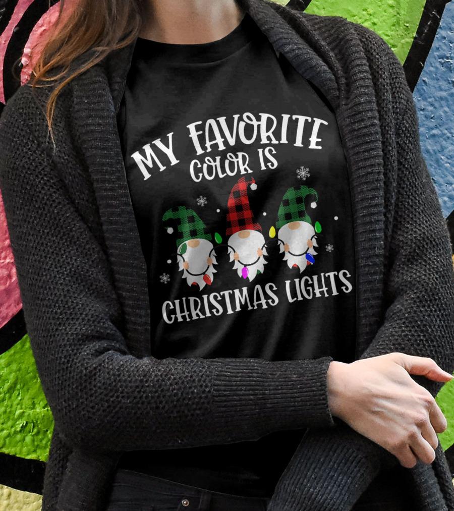 My Favorite Color Is Christmas Lights Gnome Buffalo Plaid T-Shirt