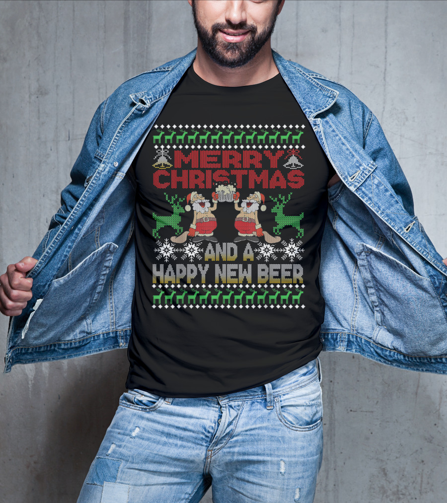 Merry Christmas Happy New Beer Ugly Sweater For Beer Lover With Santa Reindeer T-Shirt
