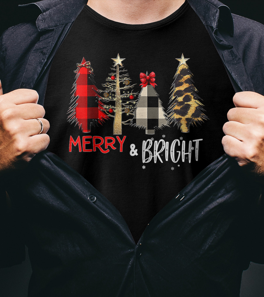 Merry And Bright Christmas Wild Leopard Plaid Trees Xmas T-Shirt