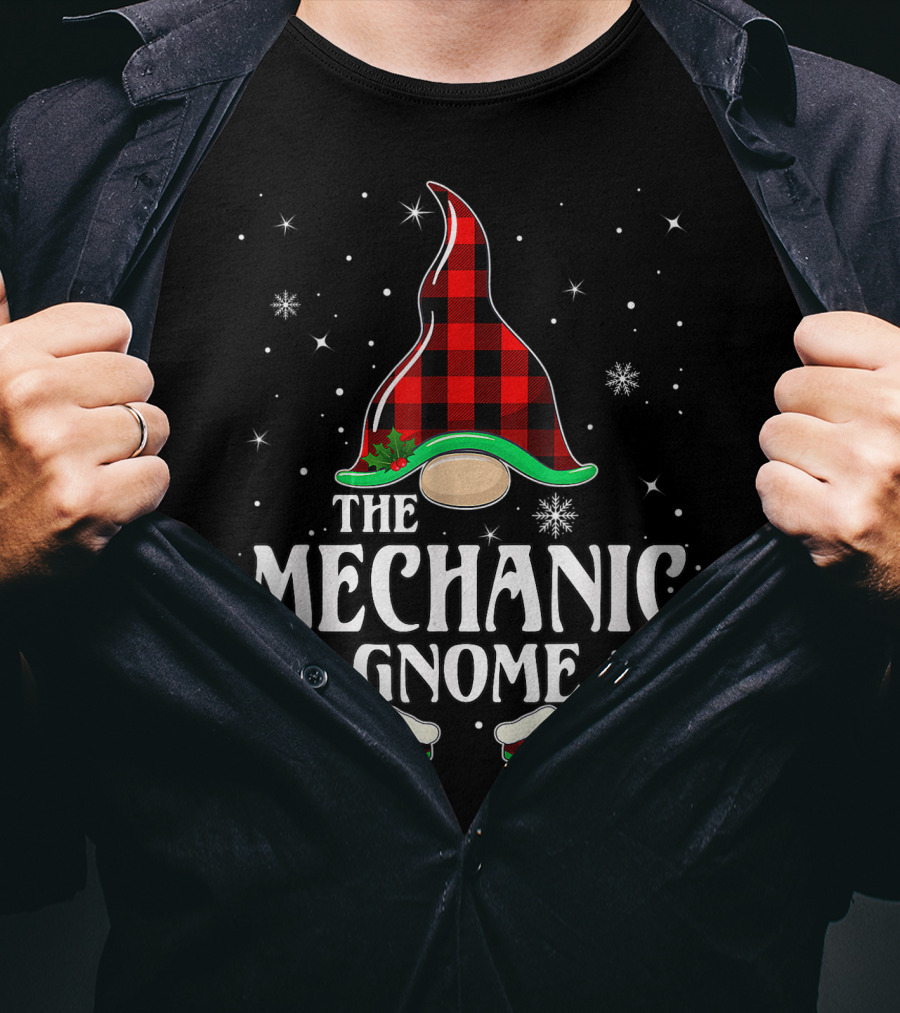 The Mechanic Gnome Buffalo Plaid Christmas Matching Family Holiday Snowflakes T-Shirt
