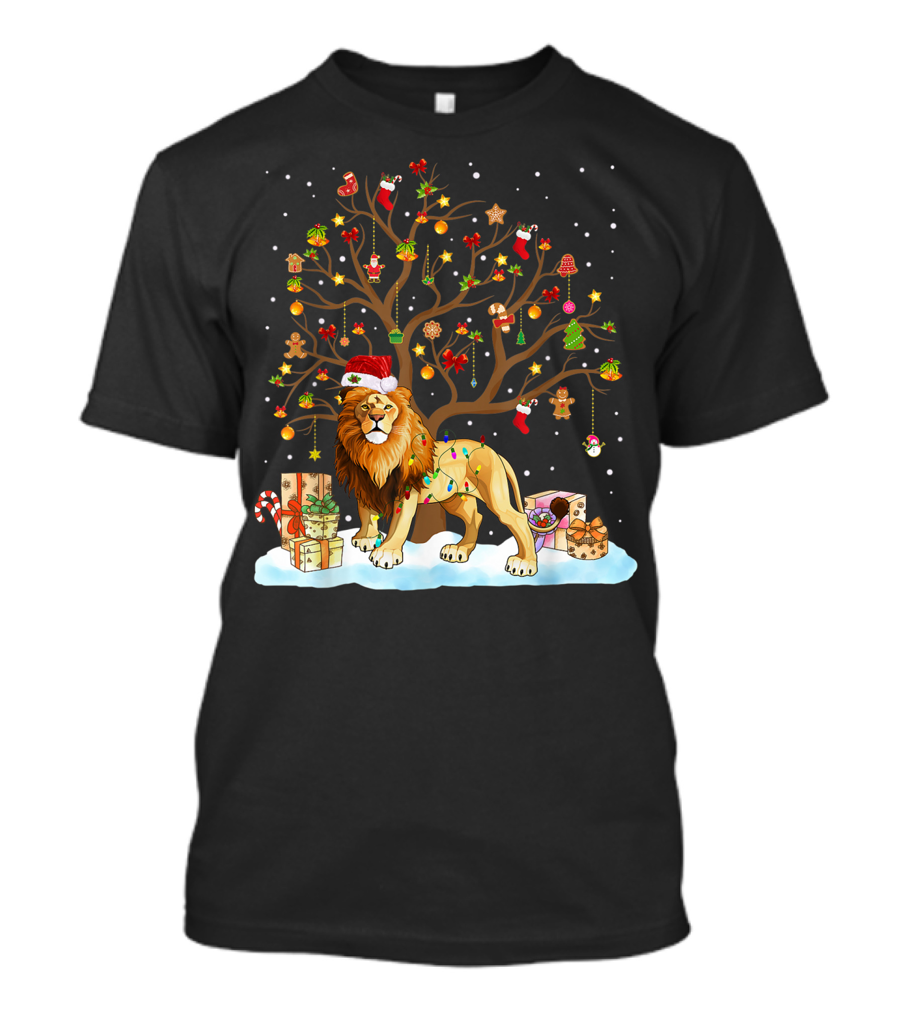 Lion With Christmas Tree Ornaments And Gifts T-Shirt