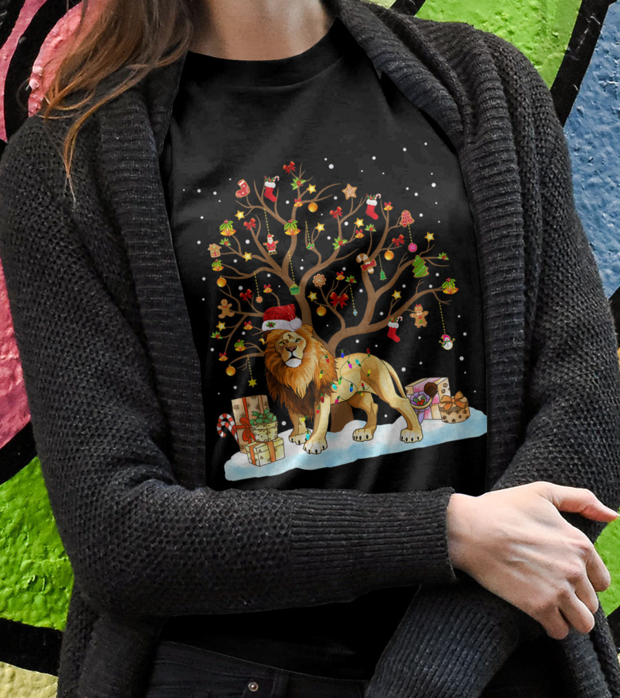 Lion With Christmas Tree Ornaments And Gifts T-Shirt