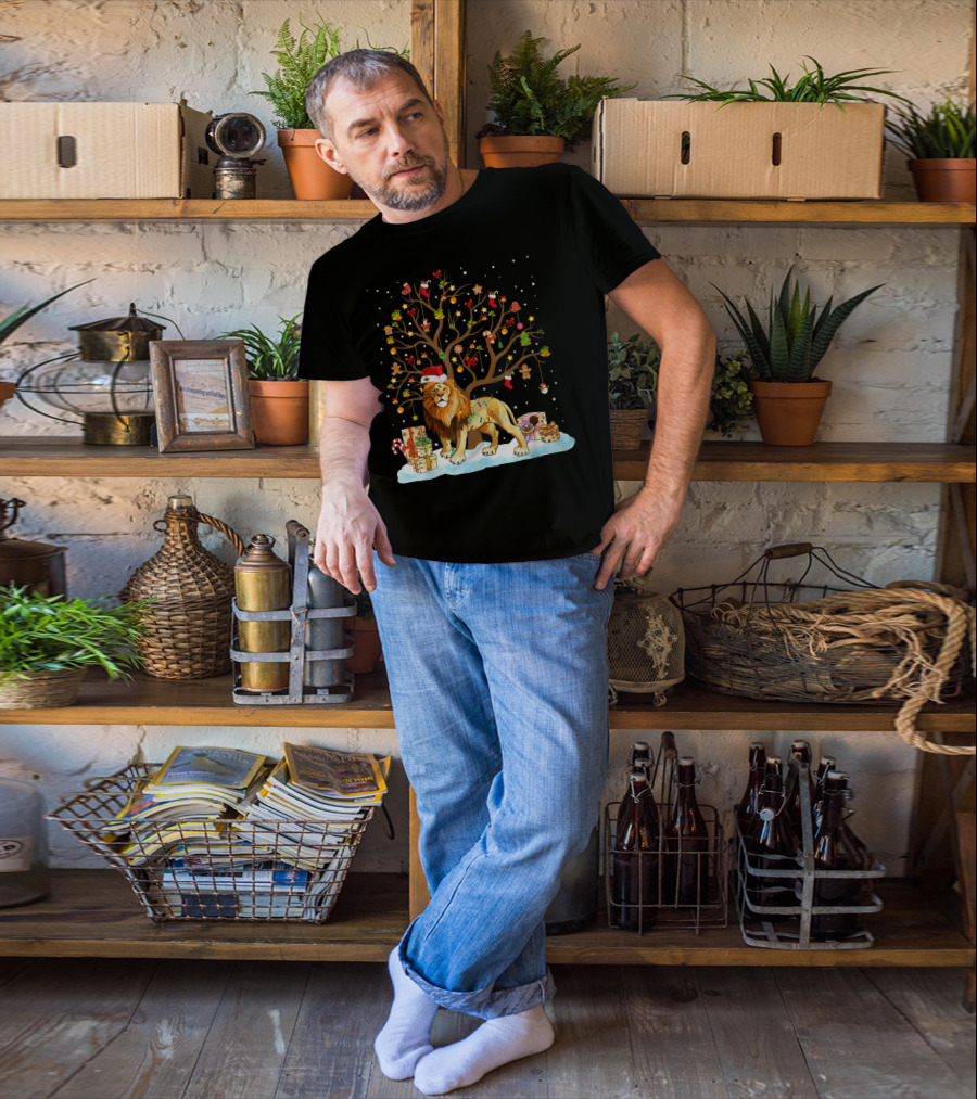 Lion With Christmas Tree Ornaments And Gifts T-Shirt