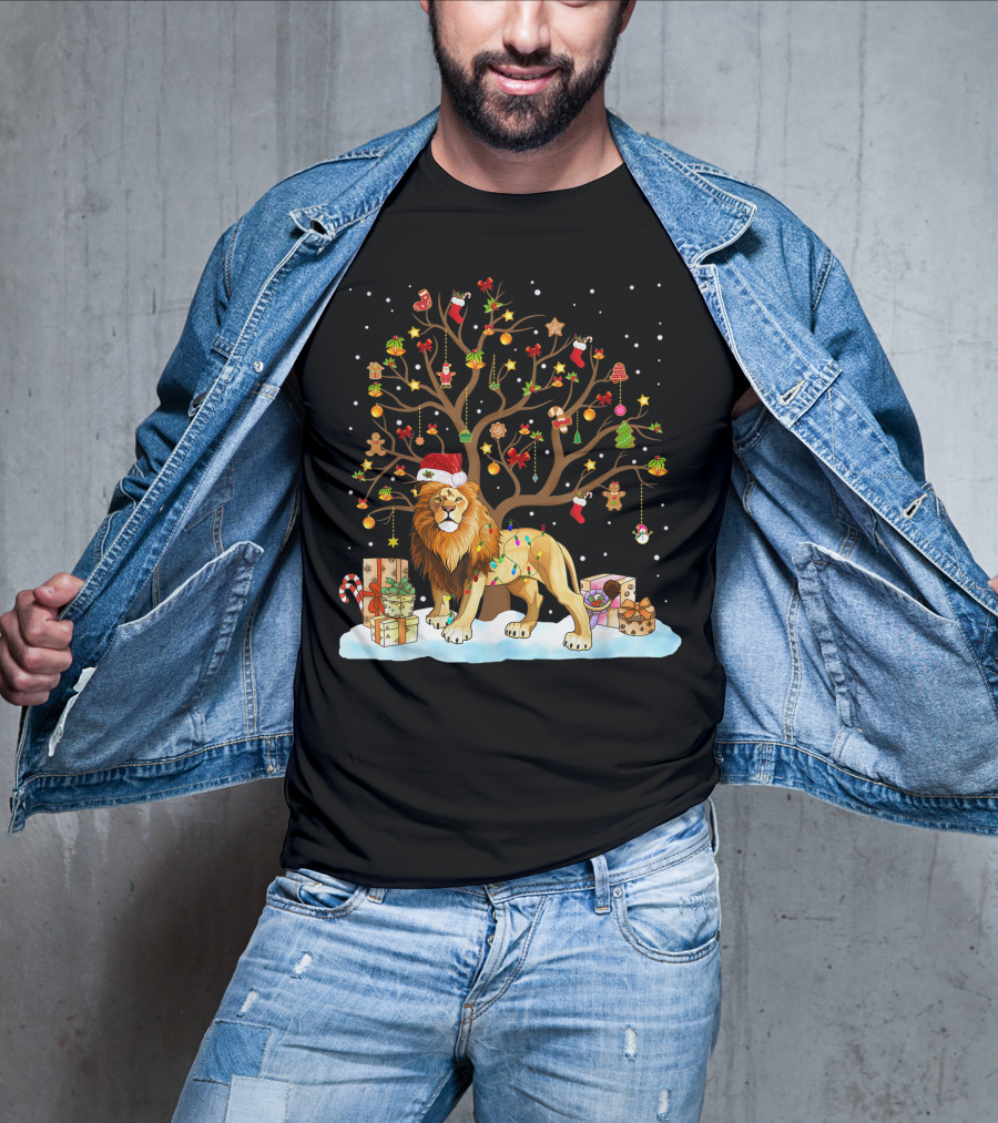 Lion With Christmas Tree Ornaments And Gifts T-Shirt