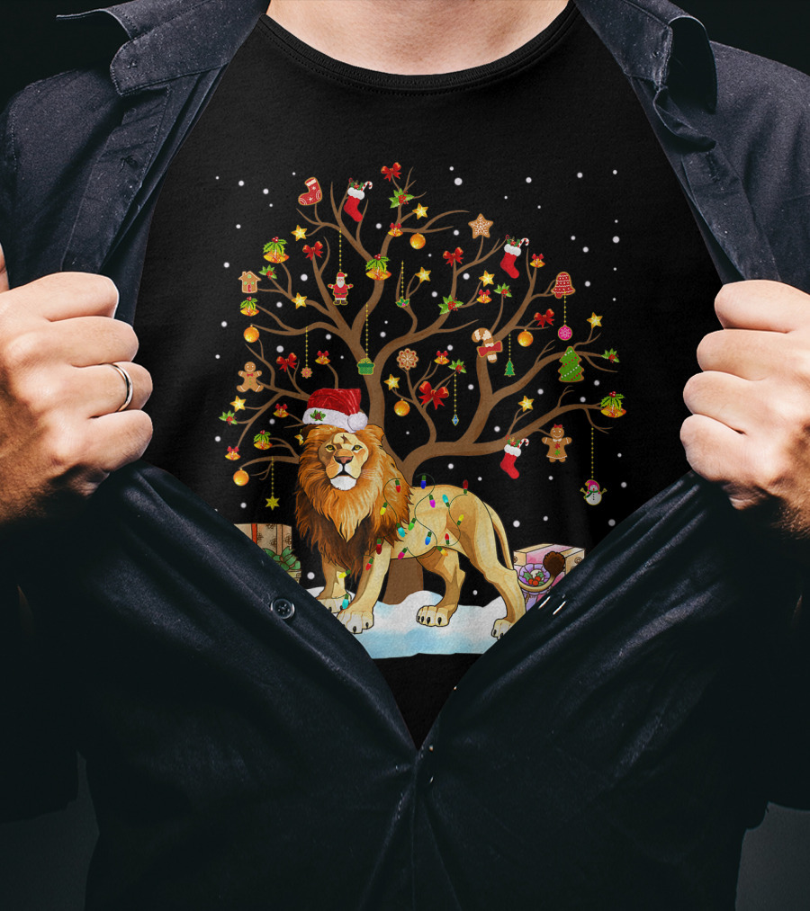 Lion With Christmas Tree Ornaments And Gifts T-Shirt