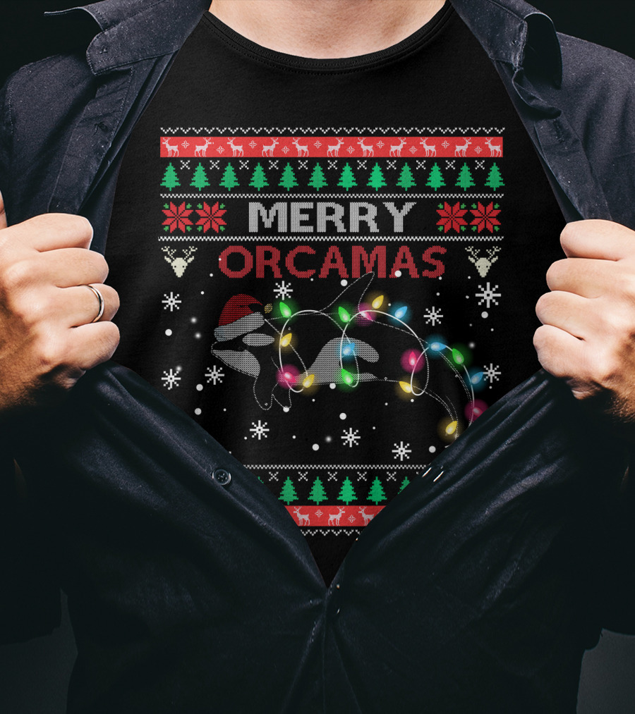 Merry Orcamas Santa Claus Killer Whale Ugly Xmas T-Shirt