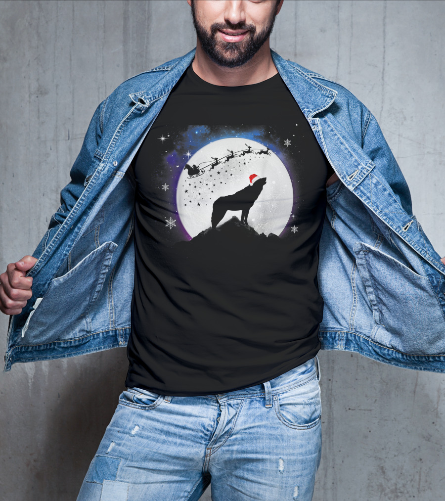 Wolf Santa Hat Full Moon Christmas Night T-Shirt