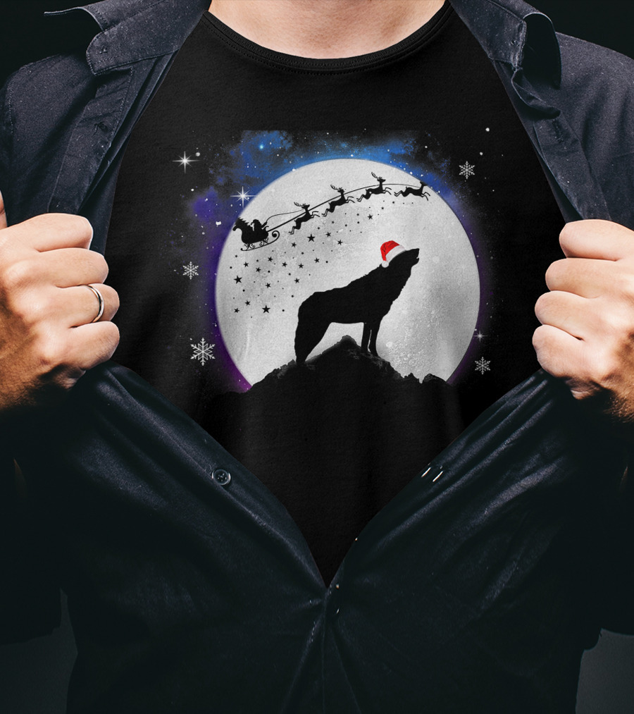 Wolf Santa Hat Full Moon Christmas Night T-Shirt