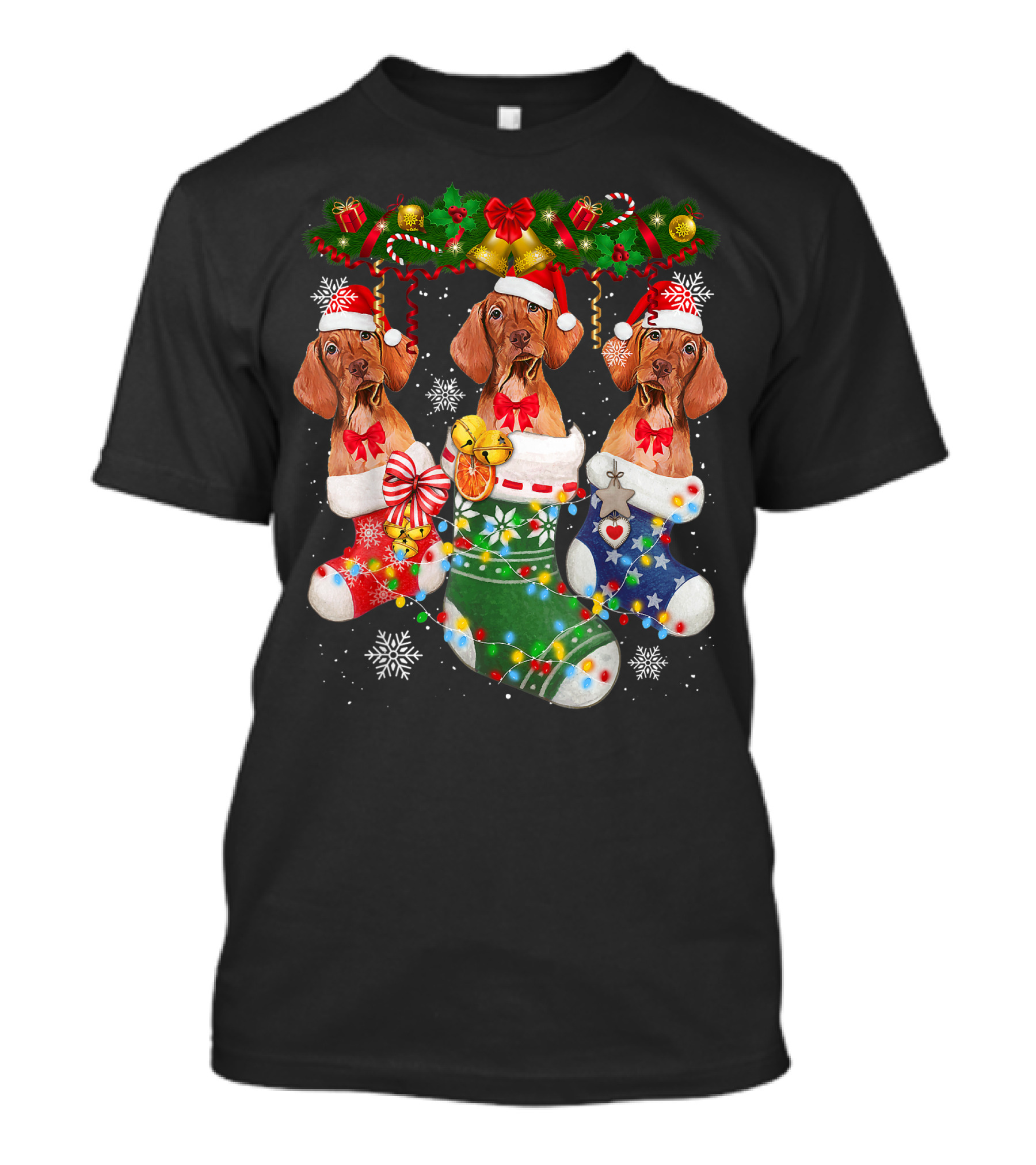 Vizsla Dogs In Christmas Stockings With Santa Hats And Holiday Decorations T-Shirt