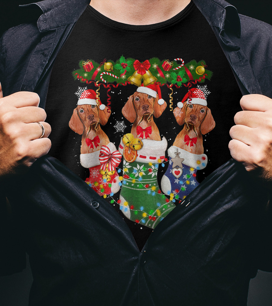 Vizsla Dogs In Christmas Stockings With Santa Hats And Holiday Decorations T-Shirt