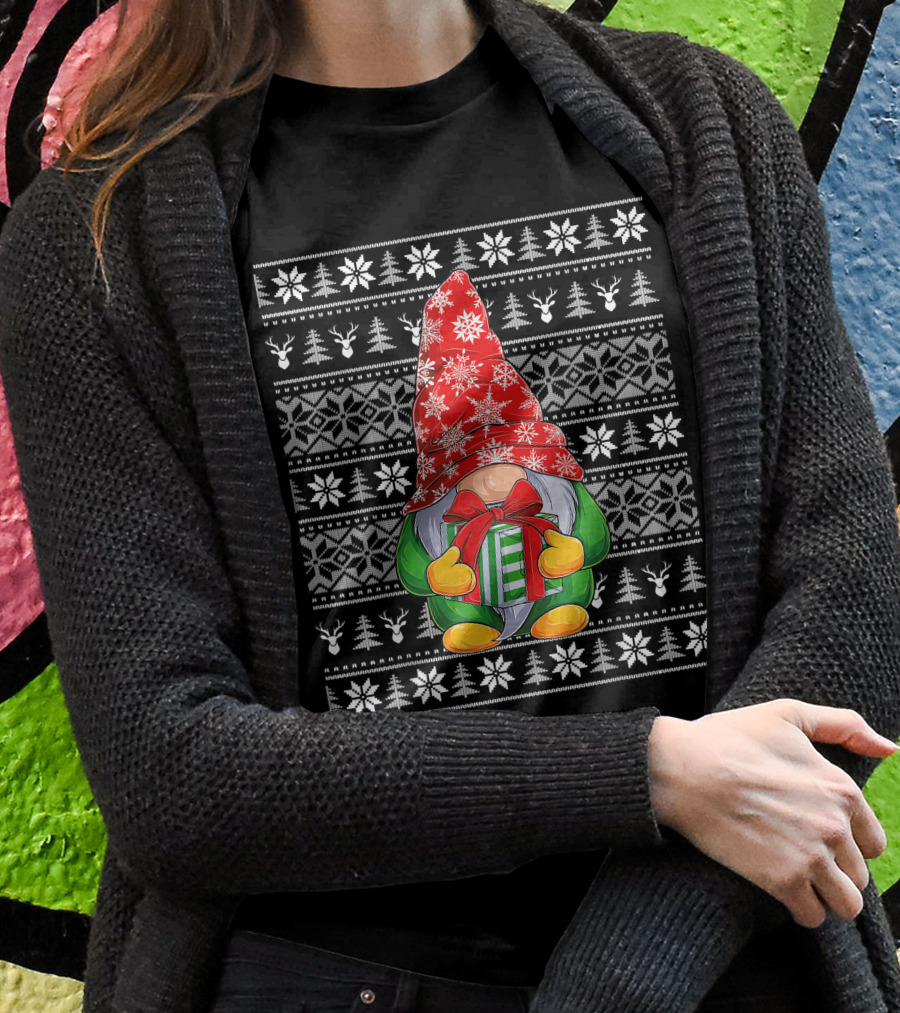Ugly Christmas Sweater Gnome Holding Gifts With Snowflake Hat T-Shirt