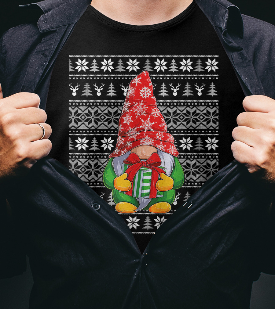Ugly Christmas Sweater Gnome Holding Gifts With Snowflake Hat T-Shirt