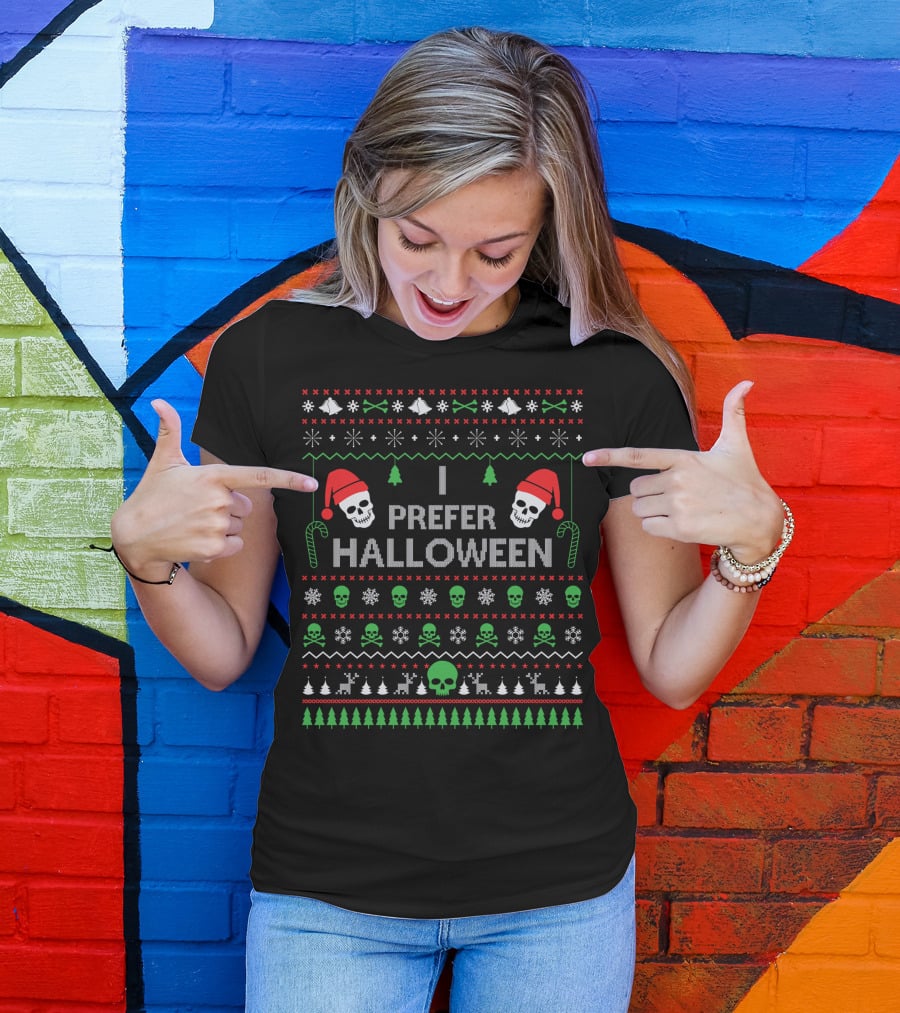 I Prefer Halloween Best Skull Santa Ugly Christmas T-Shirt