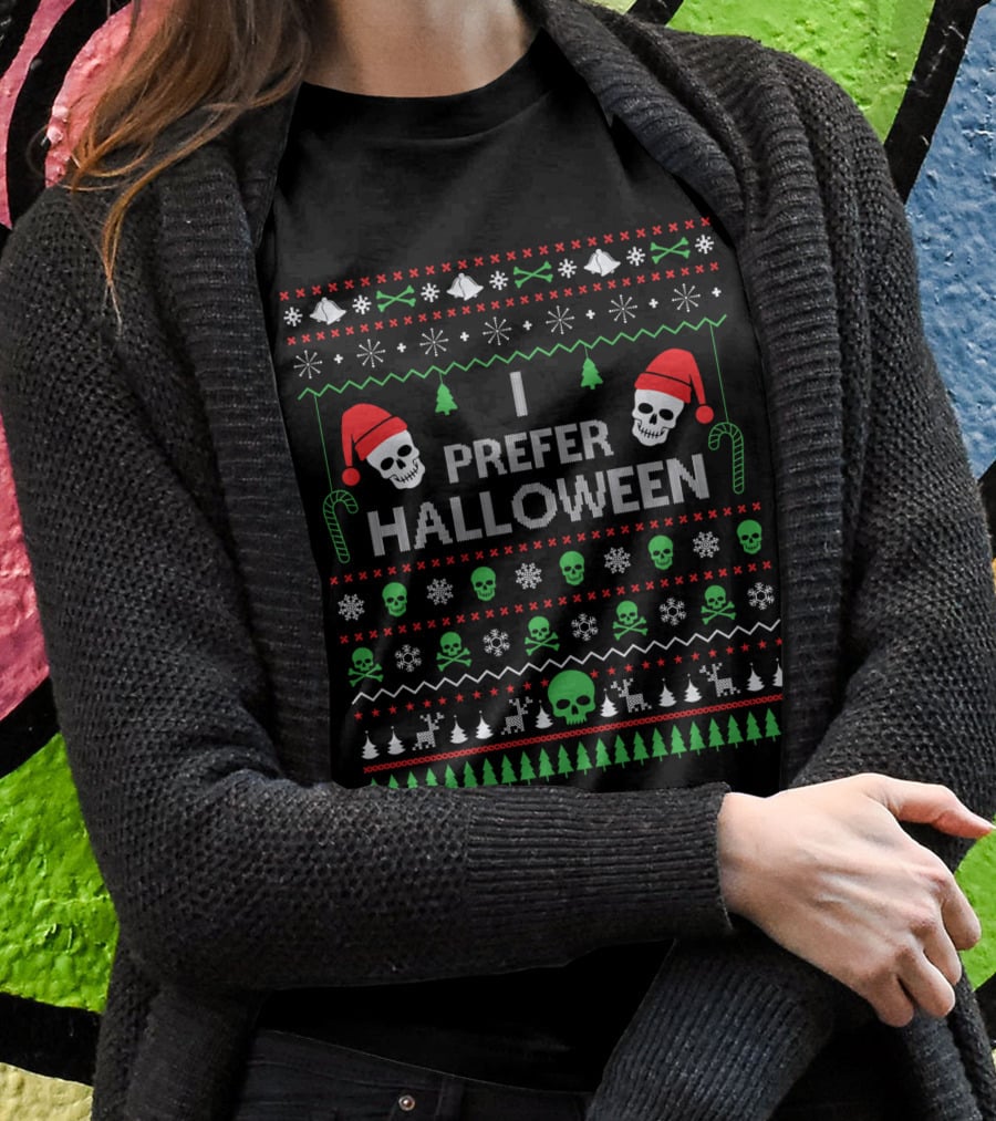I Prefer Halloween Best Skull Santa Ugly Christmas T-Shirt