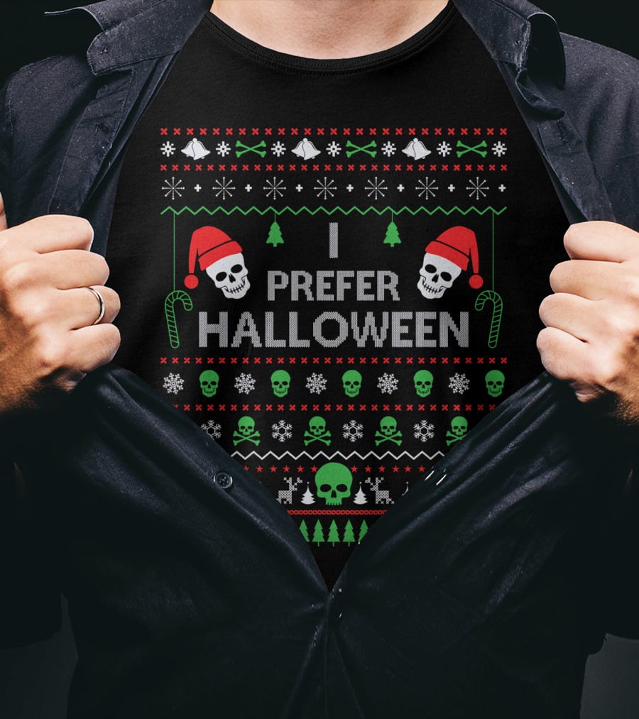 I Prefer Halloween Best Skull Santa Ugly Christmas T-Shirt