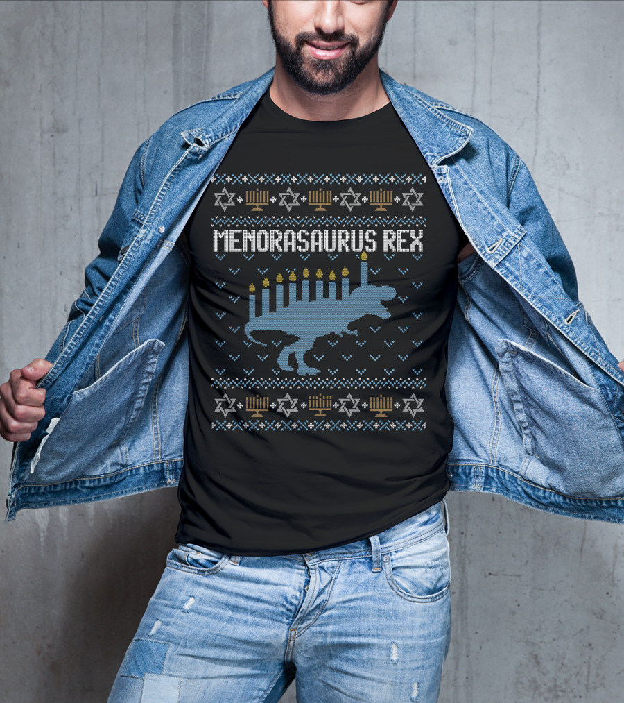 Menorasaurus Rex Hanukkah T-Rex Menorah Candles Star T-Shirt