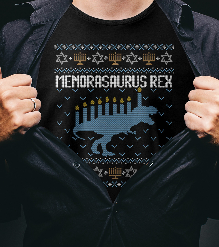 Menorasaurus Rex Hanukkah T-Rex Menorah Candles Star T-Shirt