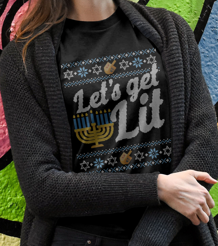 Let's Get Lit Menorah Hanukkah Dreidel Star Of David T-Shirt