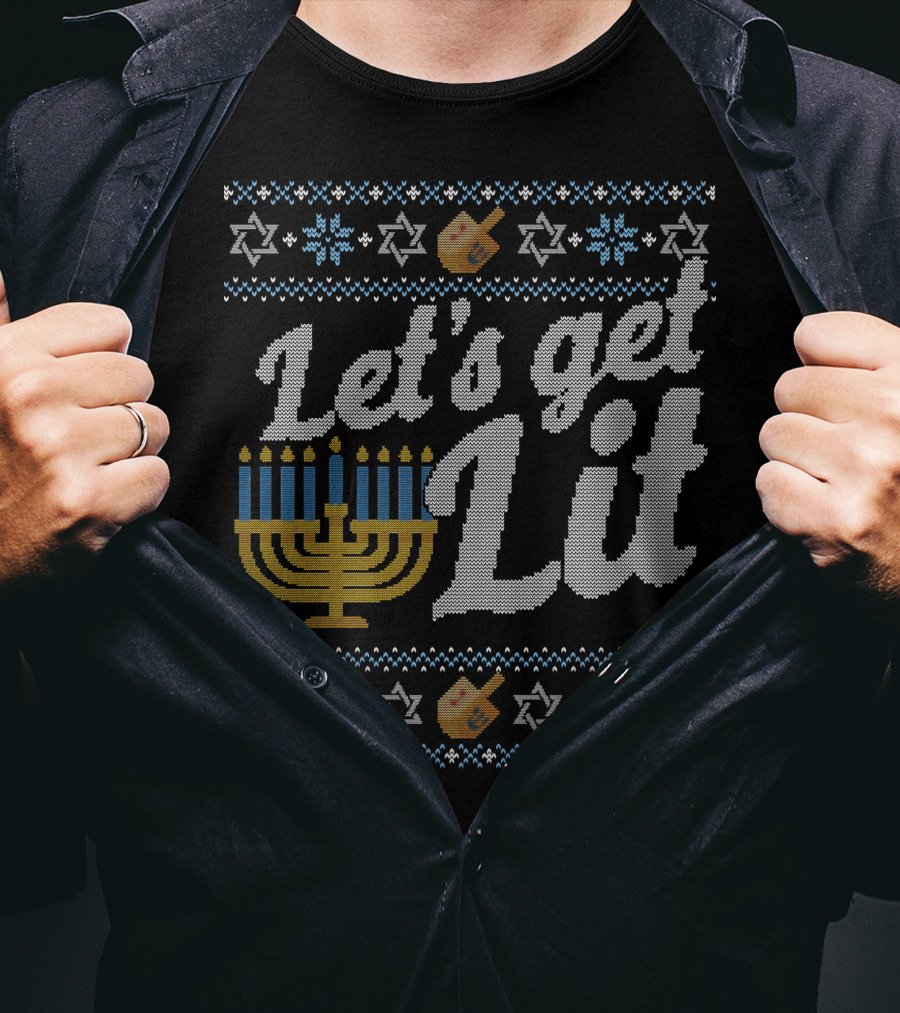 Let's Get Lit Menorah Hanukkah Dreidel Star Of David T-Shirt
