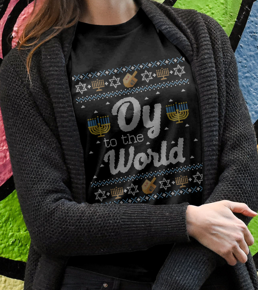 Hanukkah Oy To The World Menorah And Dreidel Knit T-Shirt