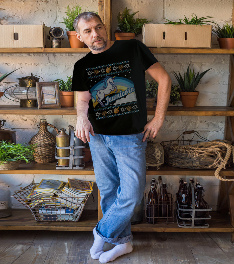 Jewnicorn Hanukkah Festive Unicorn With Menorah And Dreidel T-Shirt