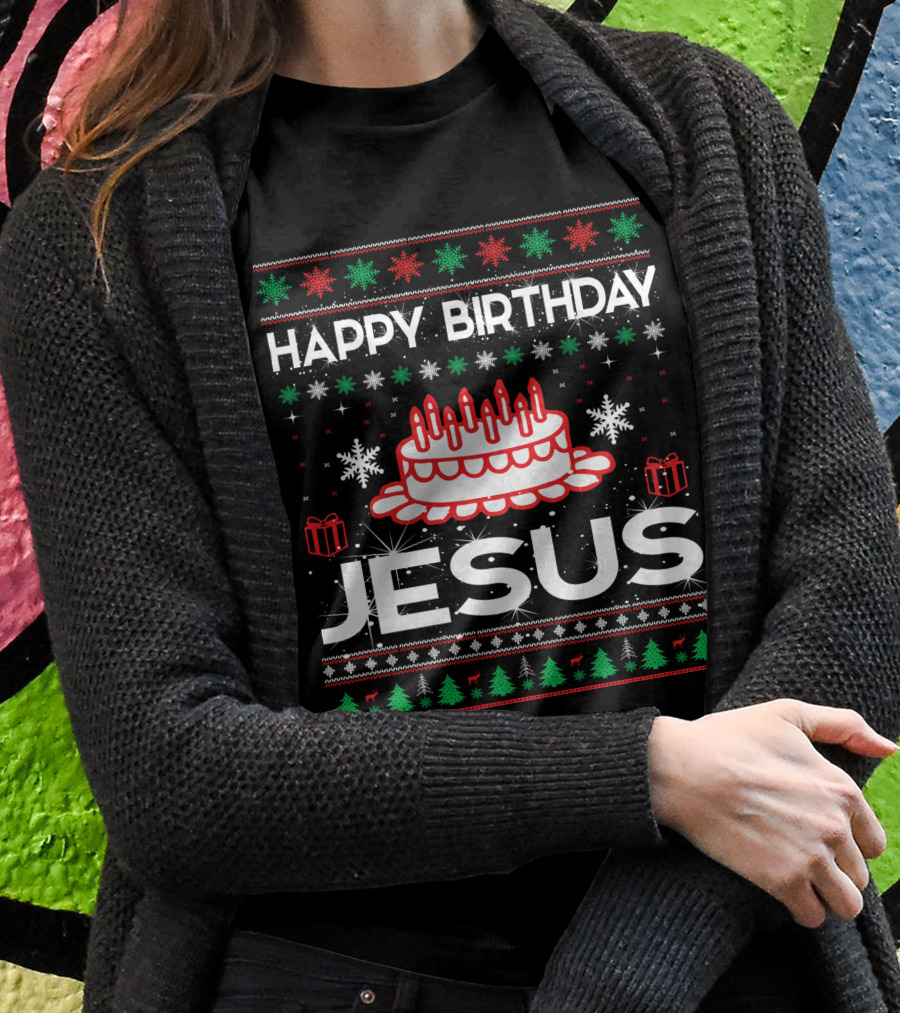 Happy Birthday Jesus Ugly Christmas Sweater Design With Cake And Snowflakes T-Shirt