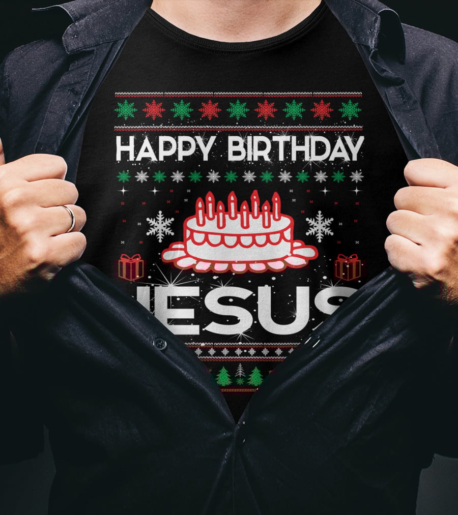 Happy Birthday Jesus Ugly Christmas Sweater Design With Cake And Snowflakes T-Shirt