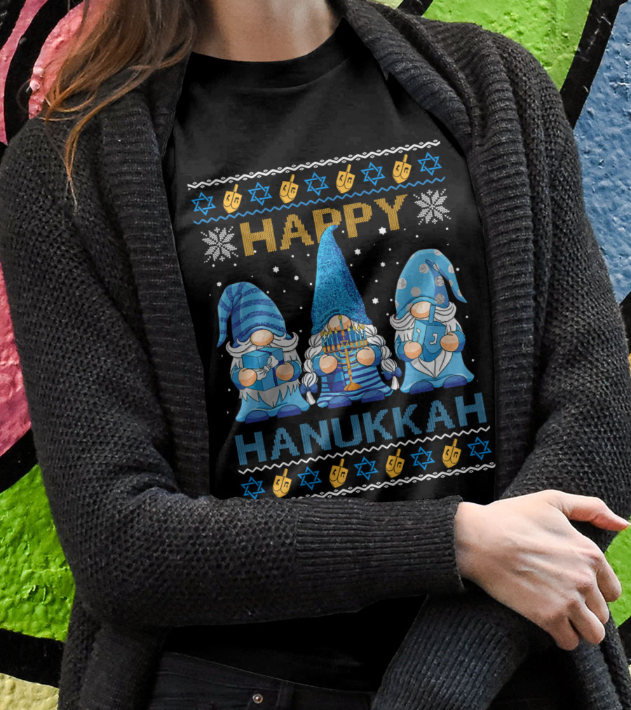 Happy Hanukkah Gnome Gnomies Menorah Dreidel Star Of David T-Shirt