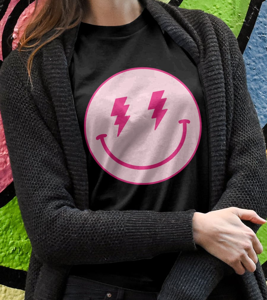 Lightning Bolt Smiley Face Pink Circle T-Shirt
