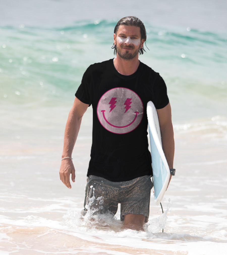 Lightning Bolt Smiley Face Pink Circle T-Shirt