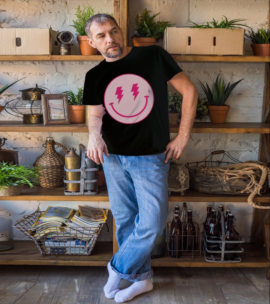 Lightning Bolt Smiley Face Pink Circle T-Shirt