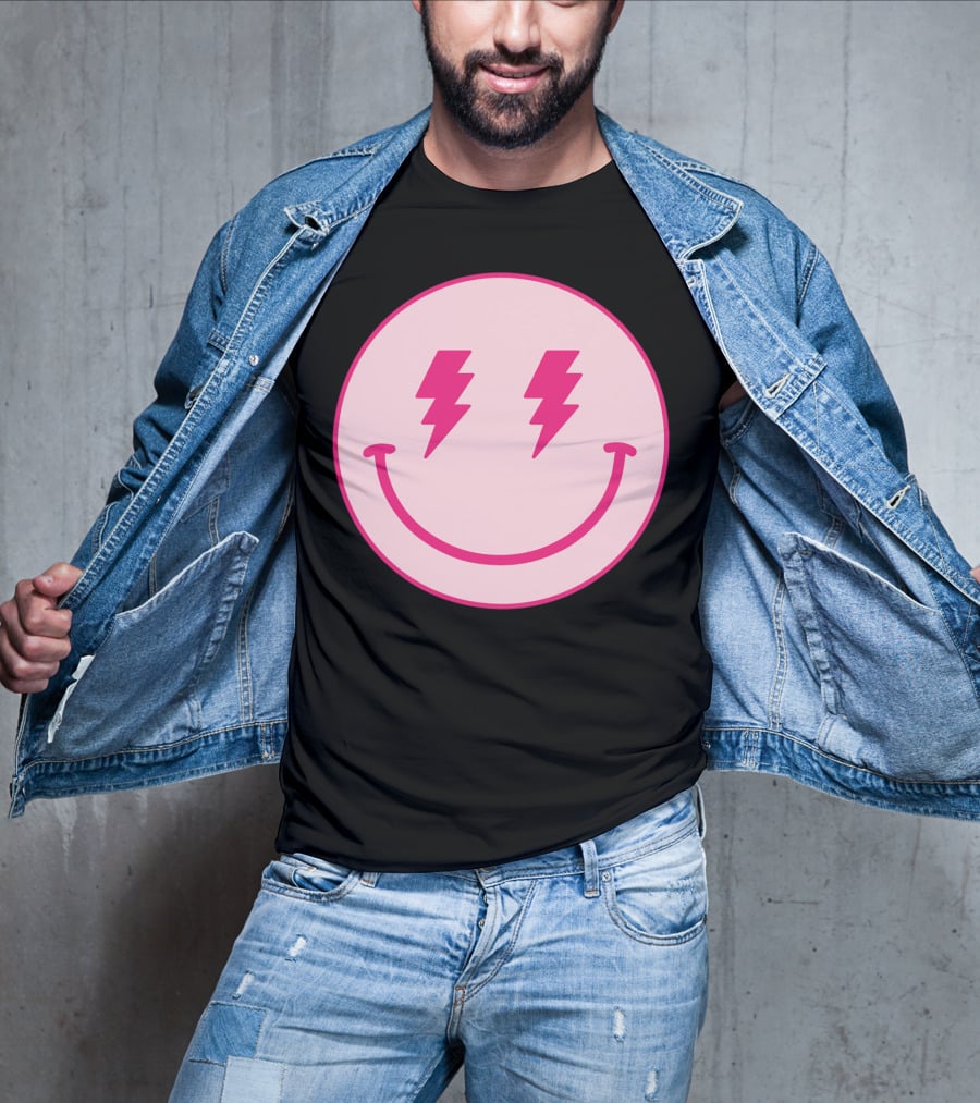 Lightning Bolt Smiley Face Pink Circle T-Shirt