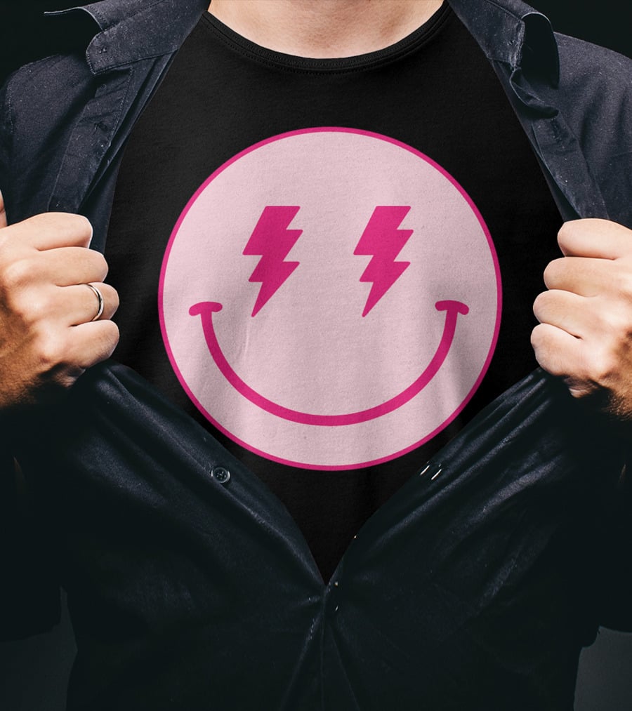 Lightning Bolt Smiley Face Pink Circle T-Shirt