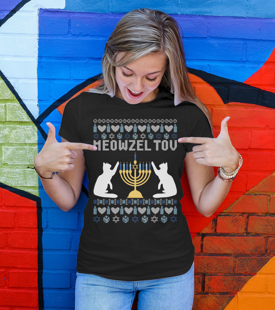 Meowzel Tov Chanukah Cats Menorah Stars Hearts Dreidels T-Shirt