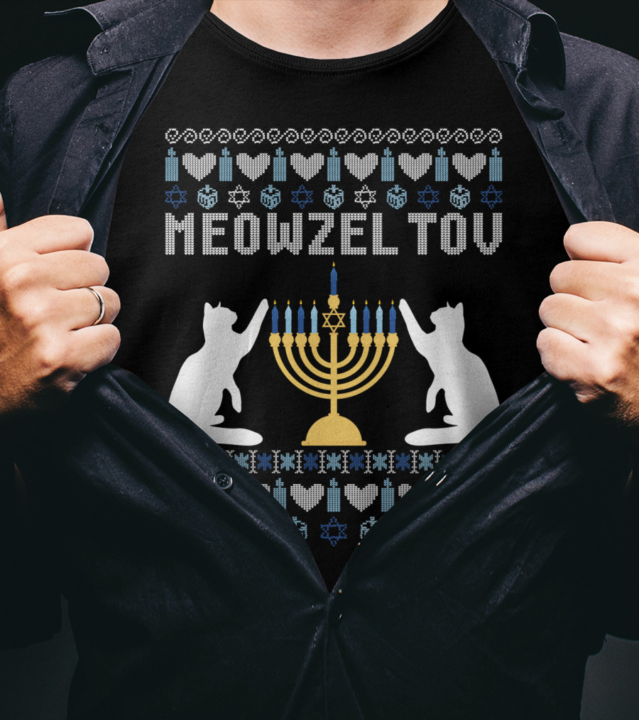 Meowzel Tov Chanukah Cats Menorah Stars Hearts Dreidels T-Shirt