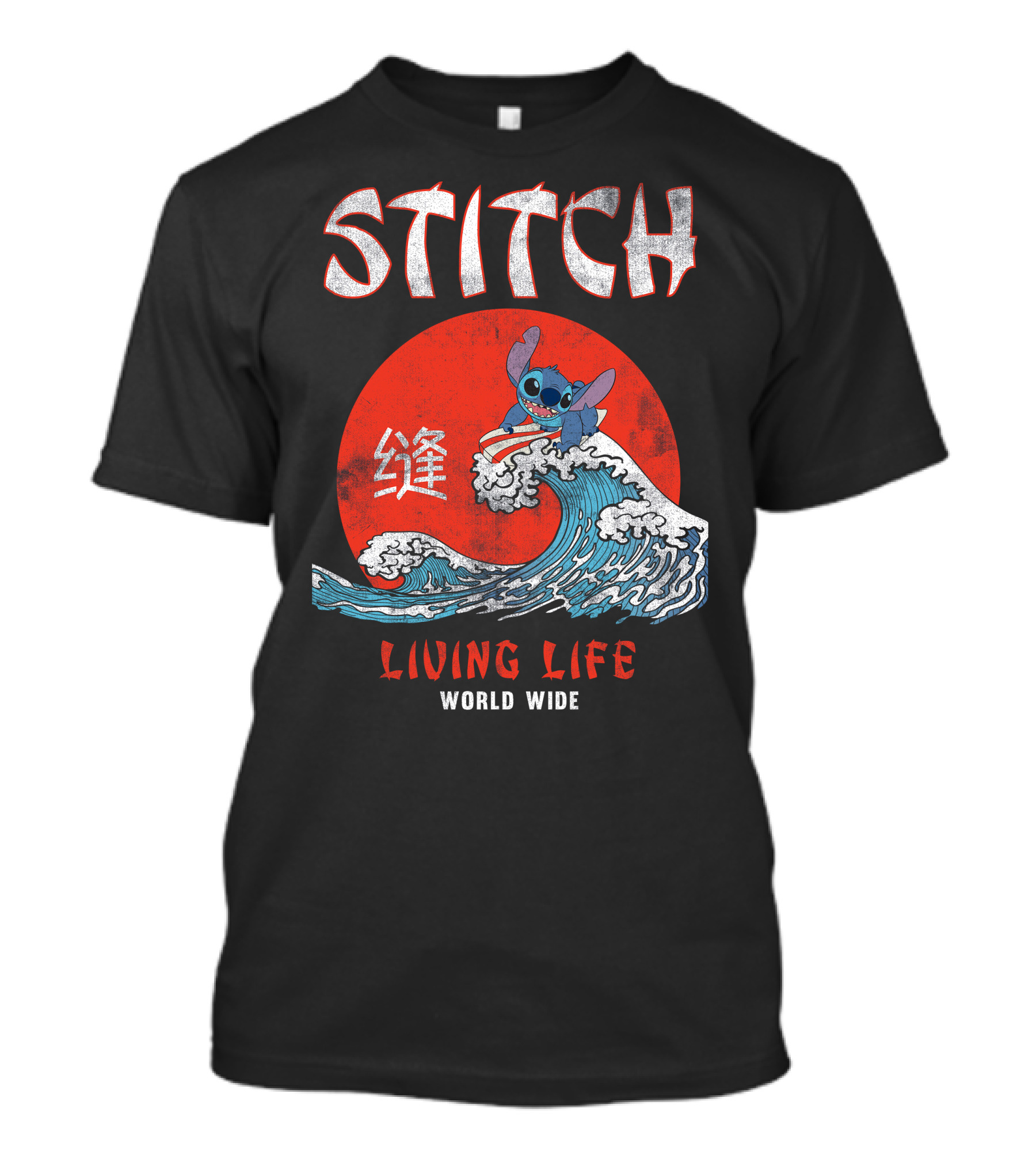 Stitch Living Life World Wide Wave Red Japanese Character T-Shirt