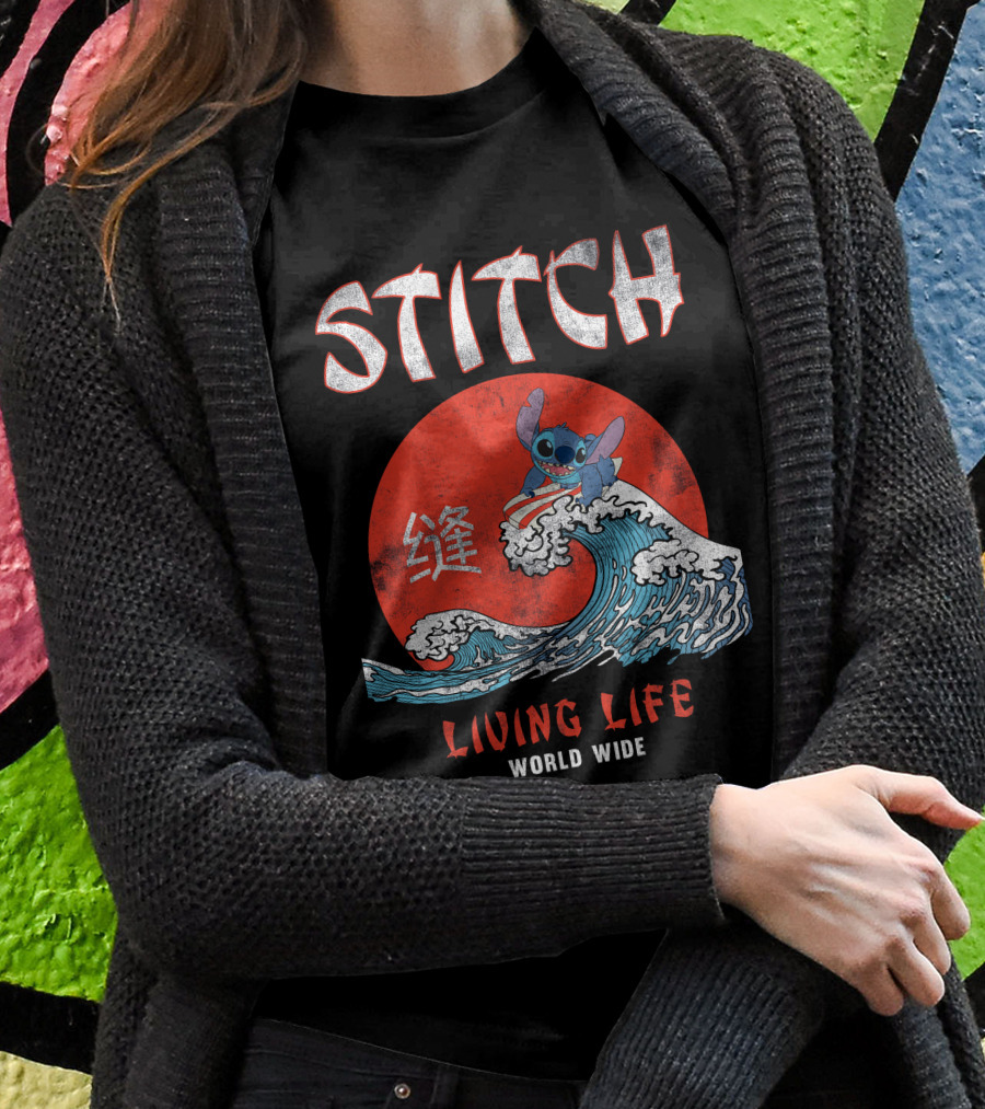 Stitch Living Life World Wide Wave Red Japanese Character T-Shirt