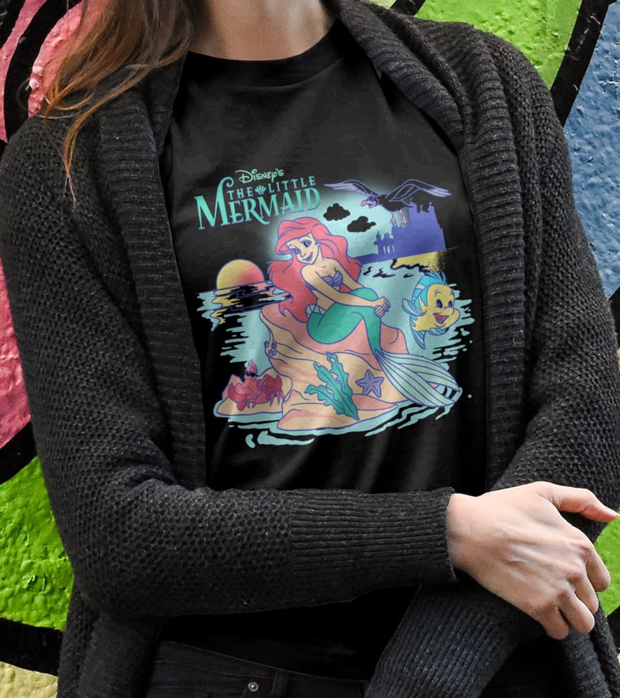 Disney's The Little Mermaid Ariel With Flounder And Sebastian By Castle At Sunset T-Shirt